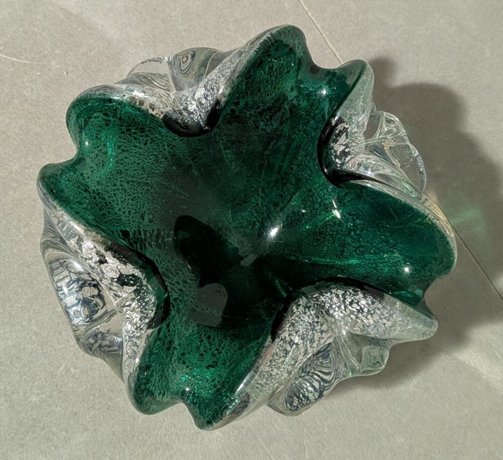 Vintage Murano Art Glass Bowl Ashtray Emerald Green Silver Aventurine Flake MCM
